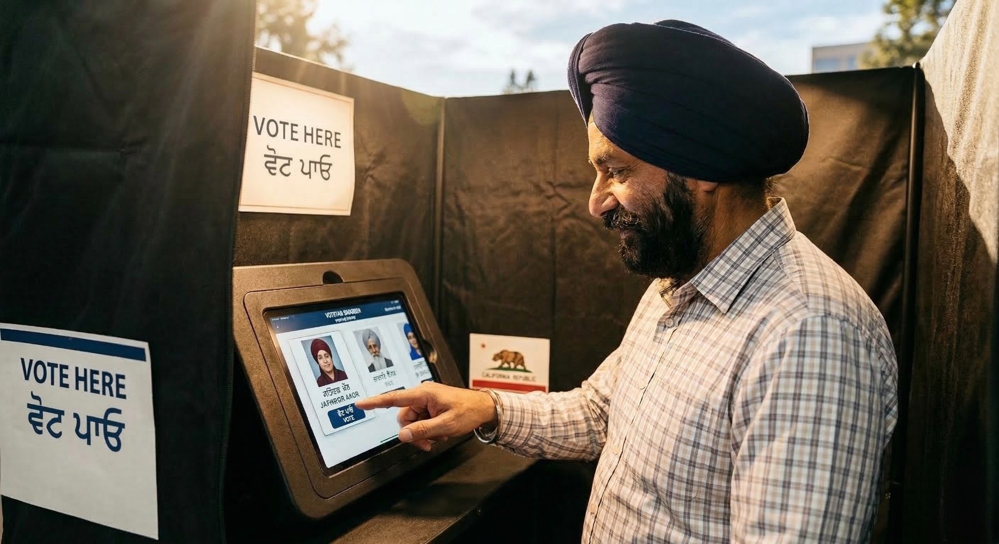 Sikh man voting on touchscreen voting machine